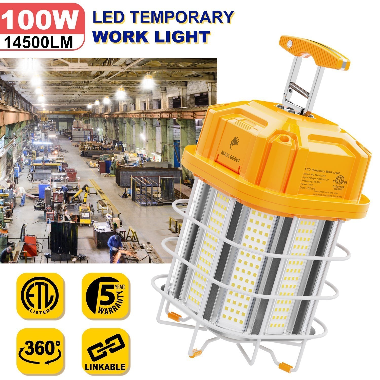 LED Temporary Work Light 100W 14500LM Linkable Jobsite Construction Lighting USA