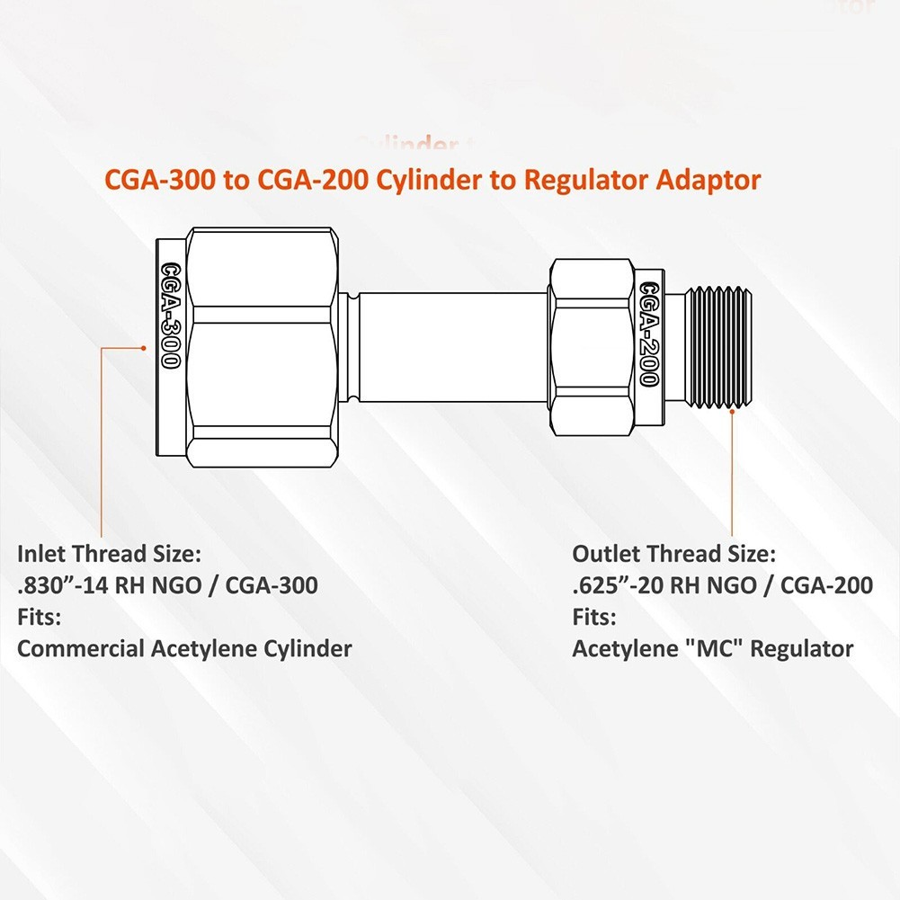 Cylinder to Regulator Acetylene Adaptors. CGA-200, CGA-300, CGA-510 and CGA-520