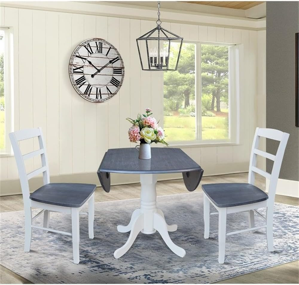 42 In. Wood Dining Table with 2 Madrid Ladderback Chairs in White/Heather Gray