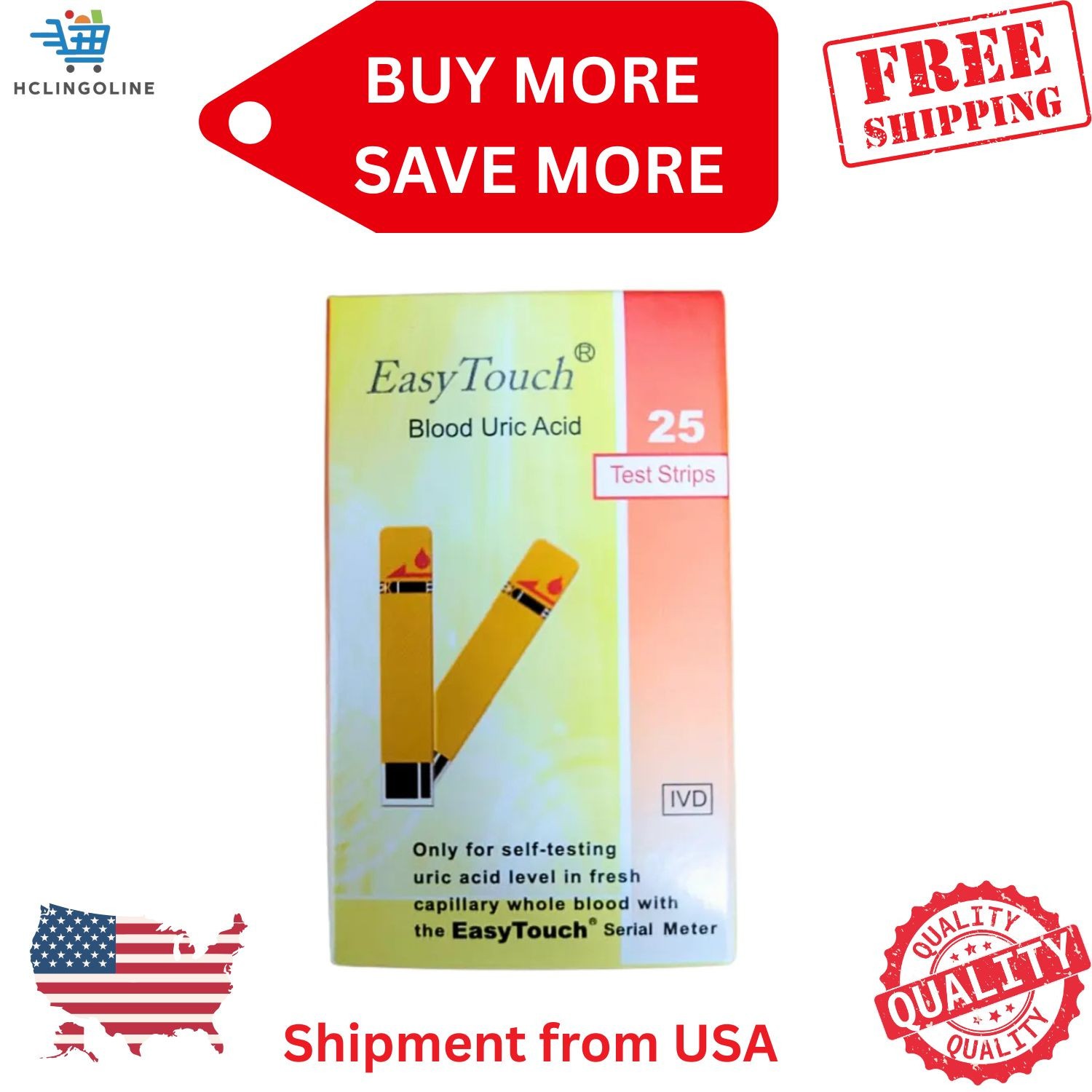 Easy Touch URIC ACID Test Strips For Monitoring Uric Acid Level 25 Strips fr USA
