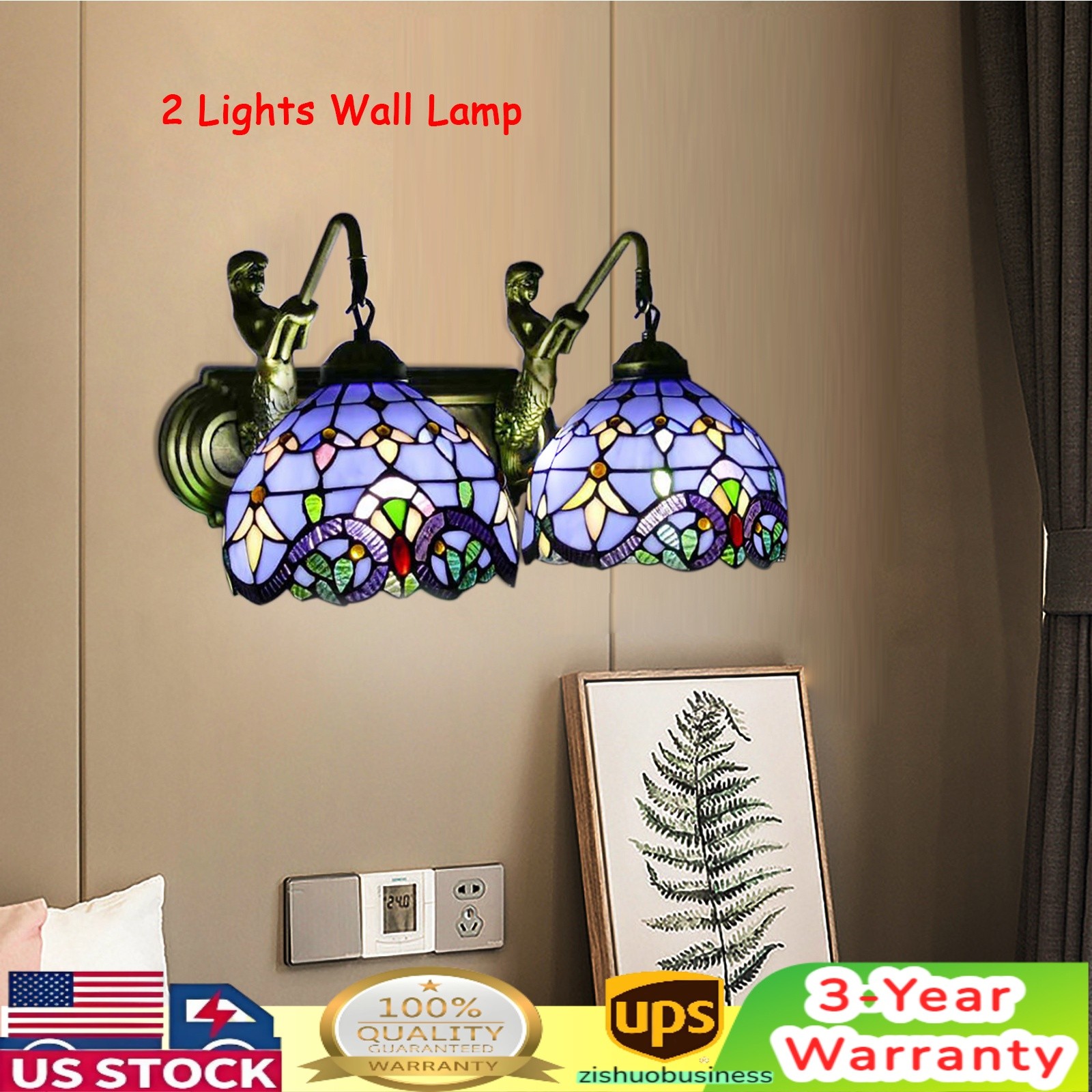 Tiffany Bathroom Vanity Wall Light 2 Light Fixture Antique Stained Glass Mermaid