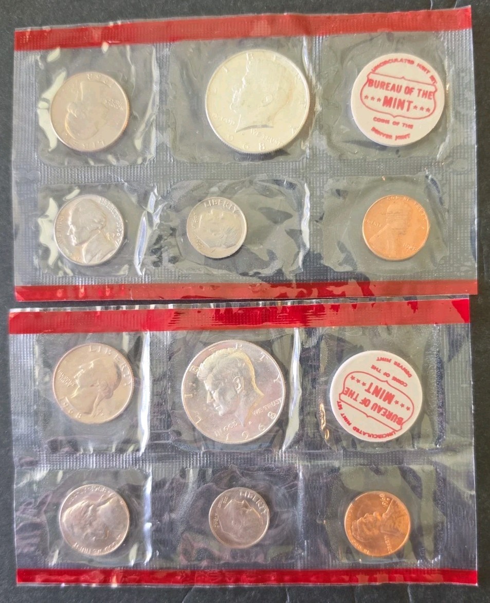 Lot Of 2 - 1968 D US Mint Sets 1C 5C 10C 25C 50C in Mint Cellophane