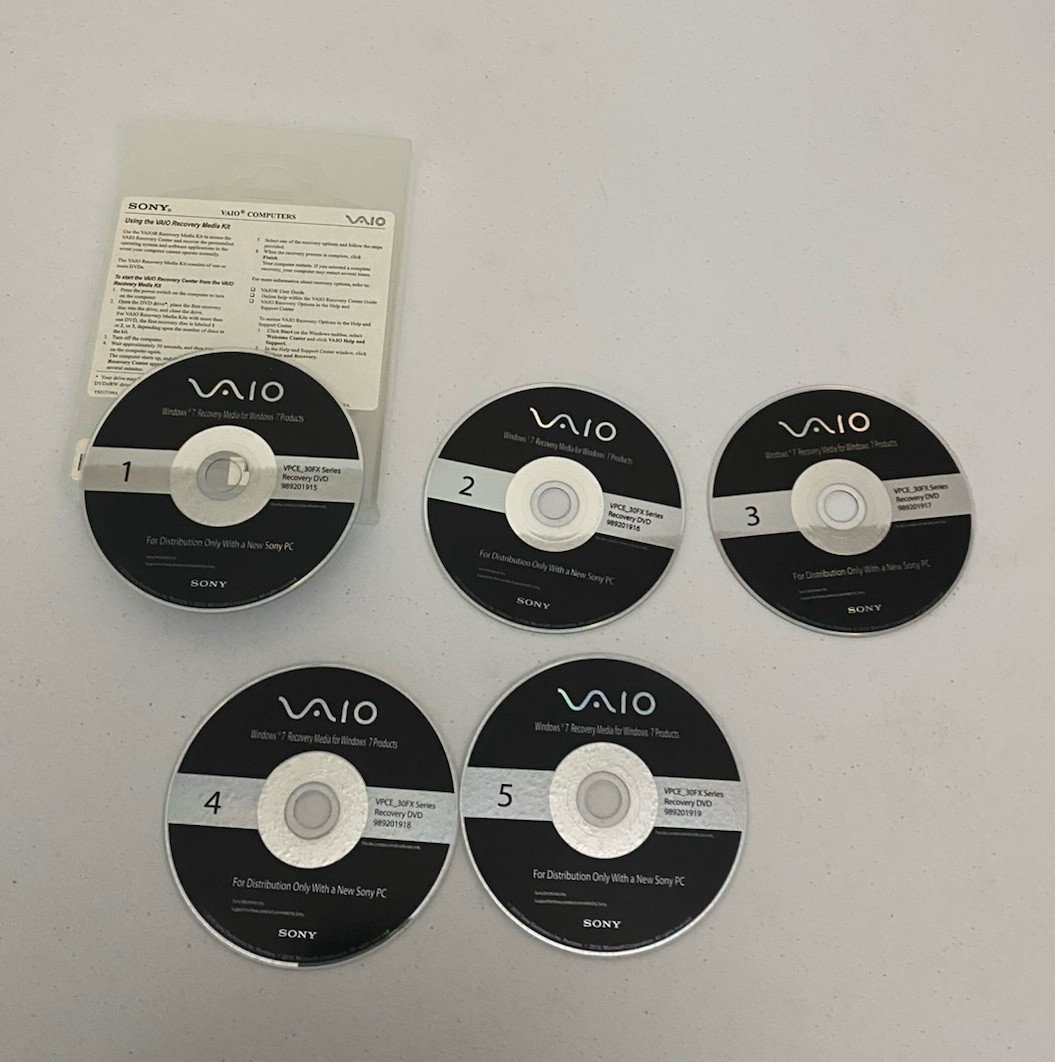 Sony Vaio Windows 7 Recovery Media 5 Discs VPCE_30FX Series