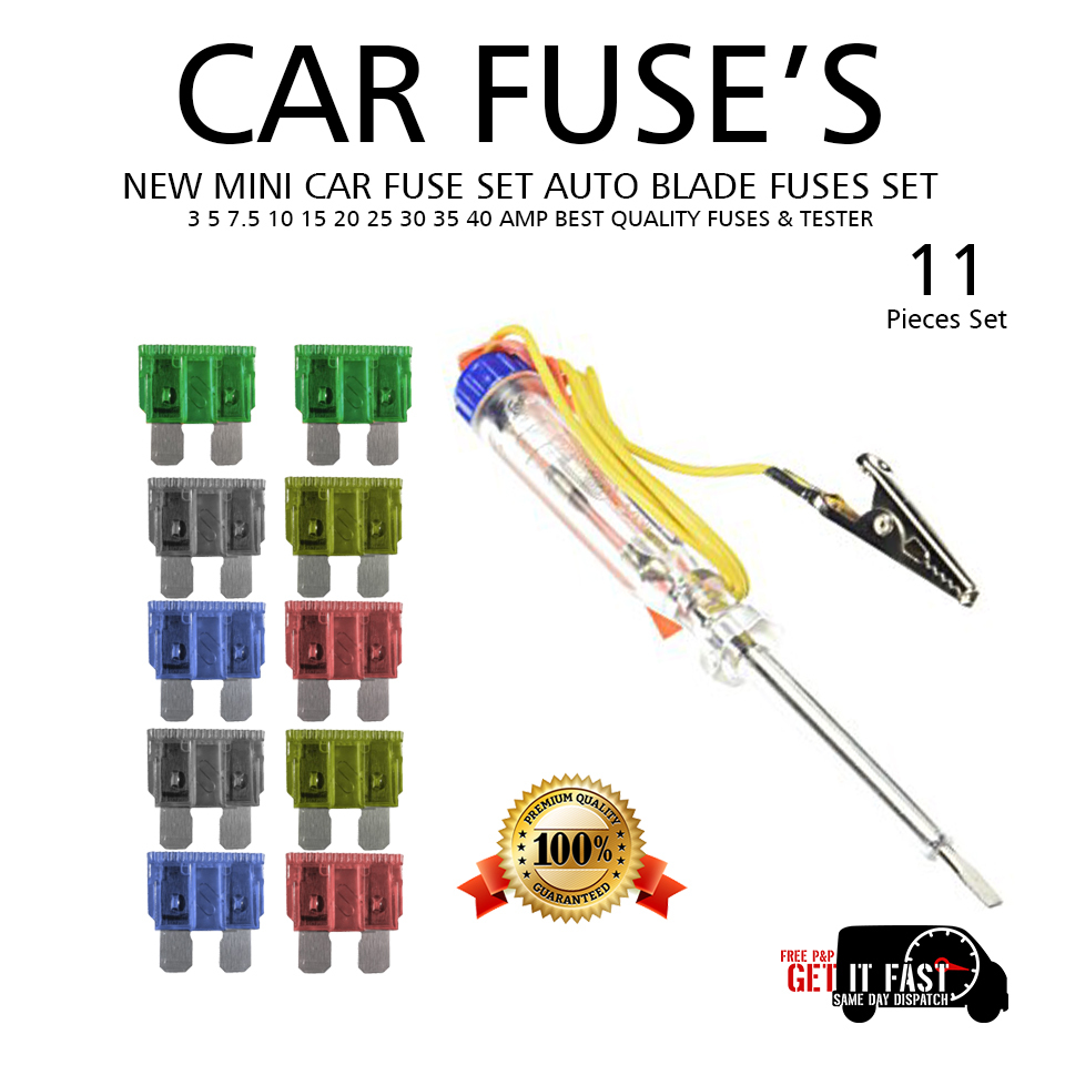 CAR FUSE SET 11P NEW MINI AUTO BLADE FUSES SET CAR VOLTAGE BEST QUALITY + TESTER