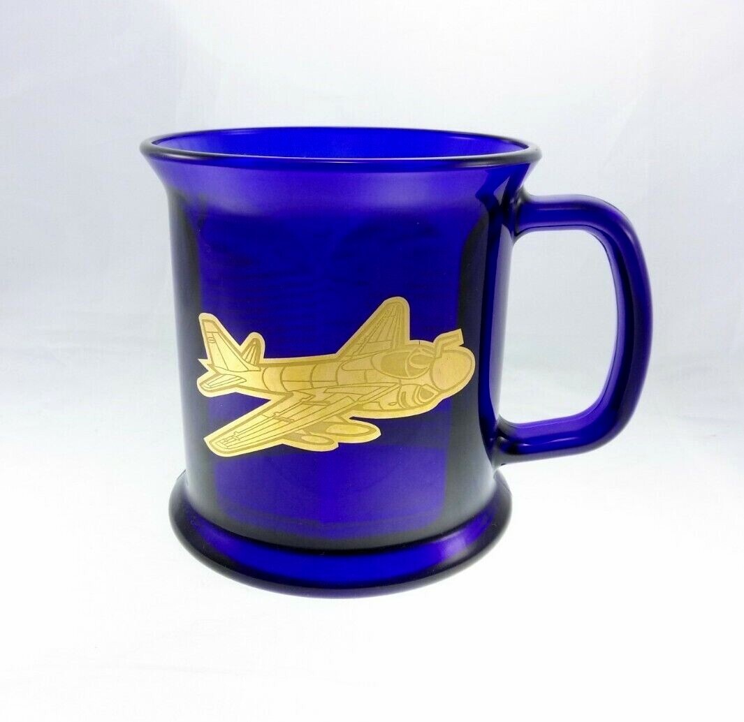 Vintage 1995 A-6 Aircraft Cobalt Blue Glass Mug USA Military Marine Corps Navy