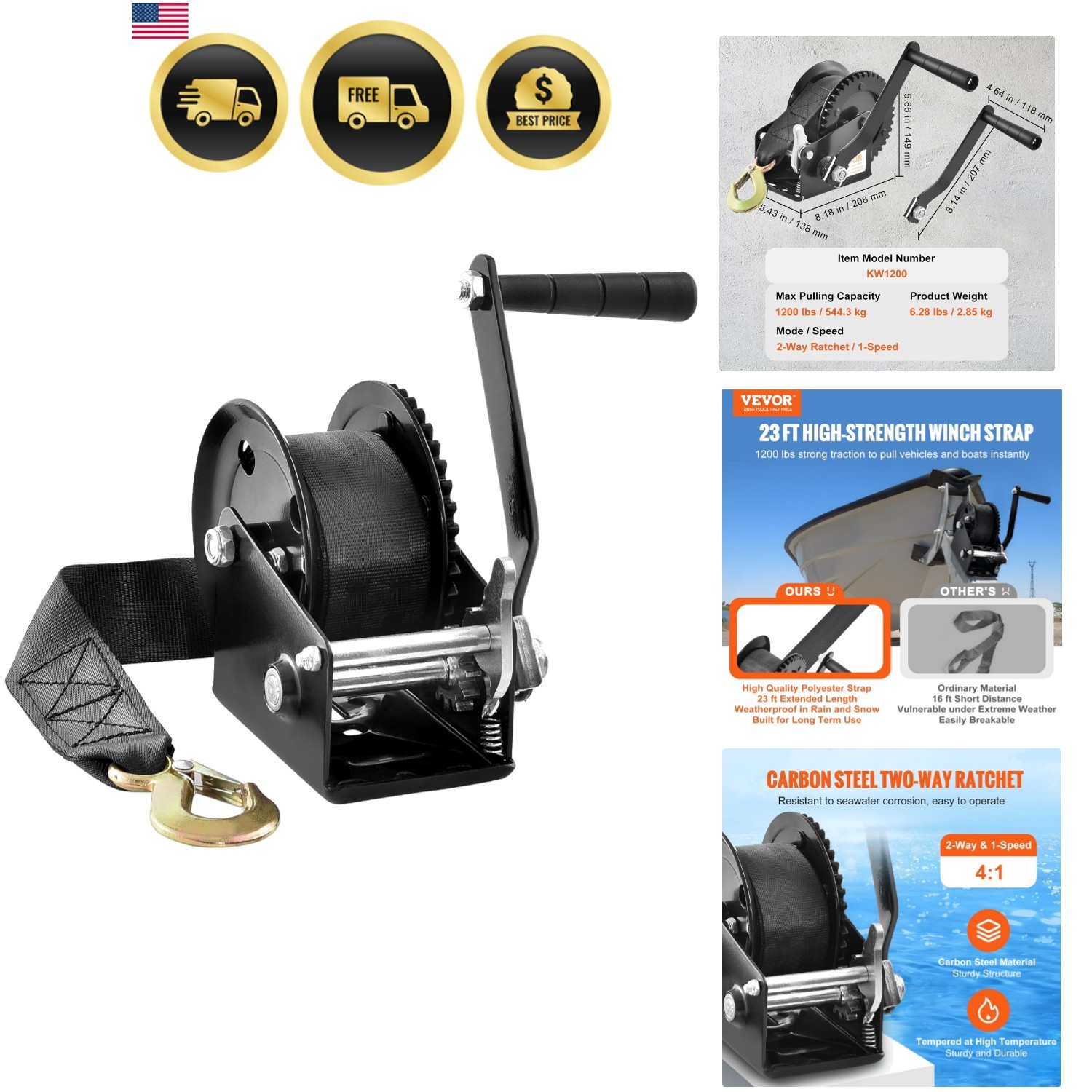 Boat Winch,1200 lbs Capacity Hand Boat Trailer Winch Heavy Duty Rope Crank wi...