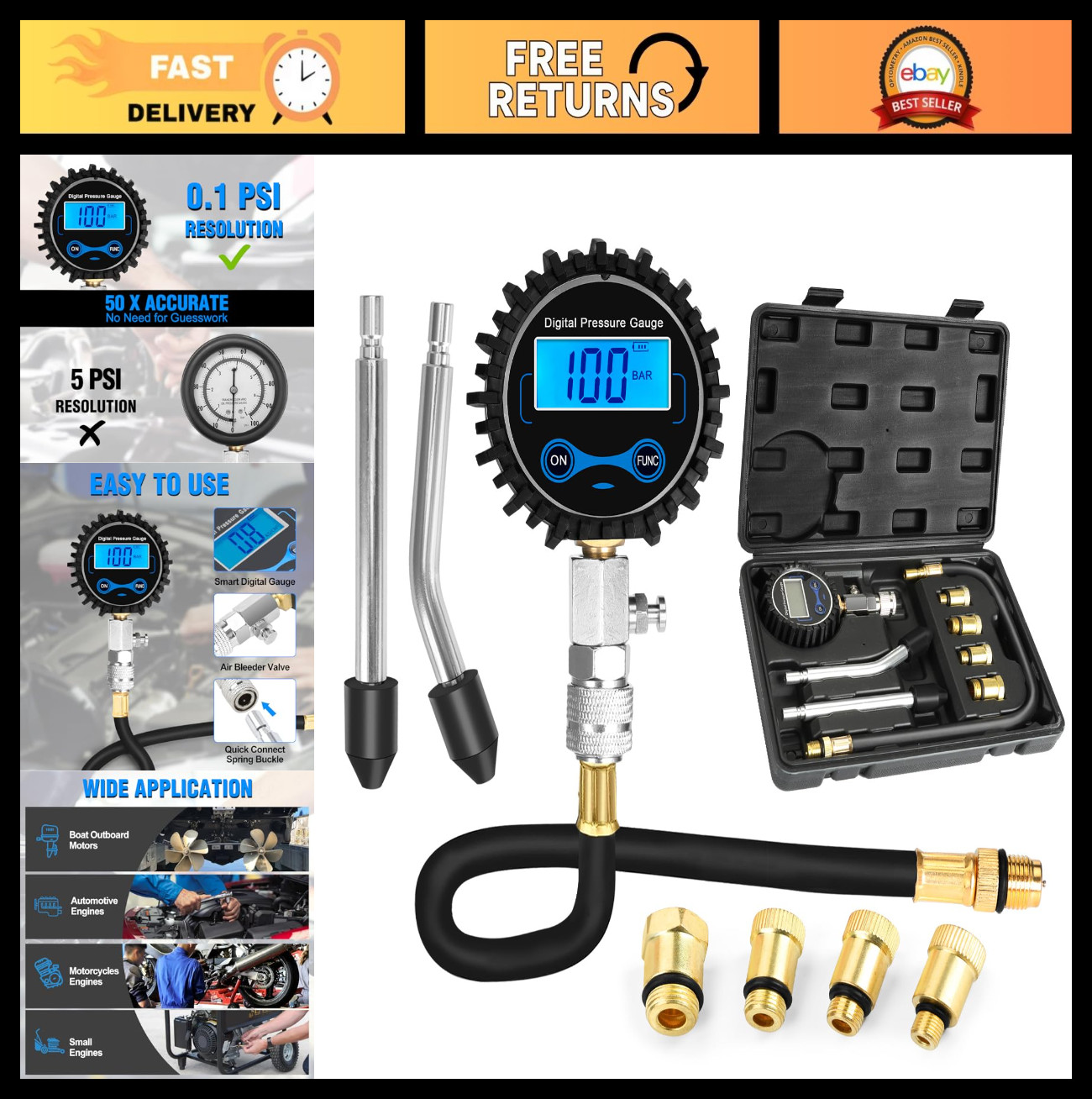 8pcs Digital Compression Tester Kit - 0-300PSI Automotive Cylinder Gauge with Ad