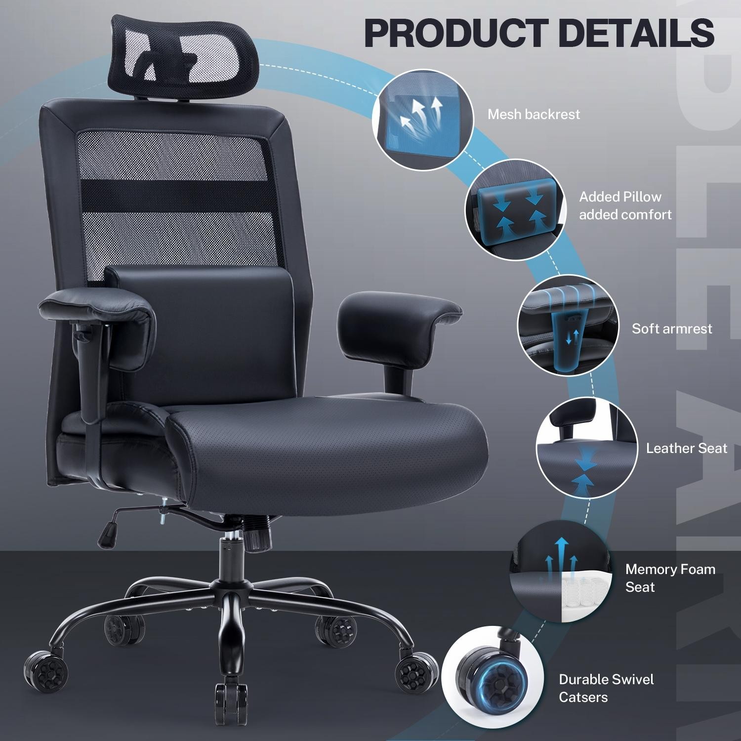 600lbs Heavy-Duty Black Mesh Desk Chair - Extra Wide Seat & Lumbar Support