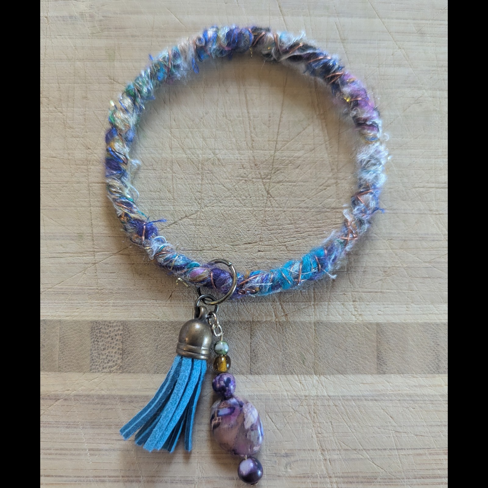 Handcrafted Bracelet With India Fabric + Wire Charms Beautiful Upcycled Jewelry