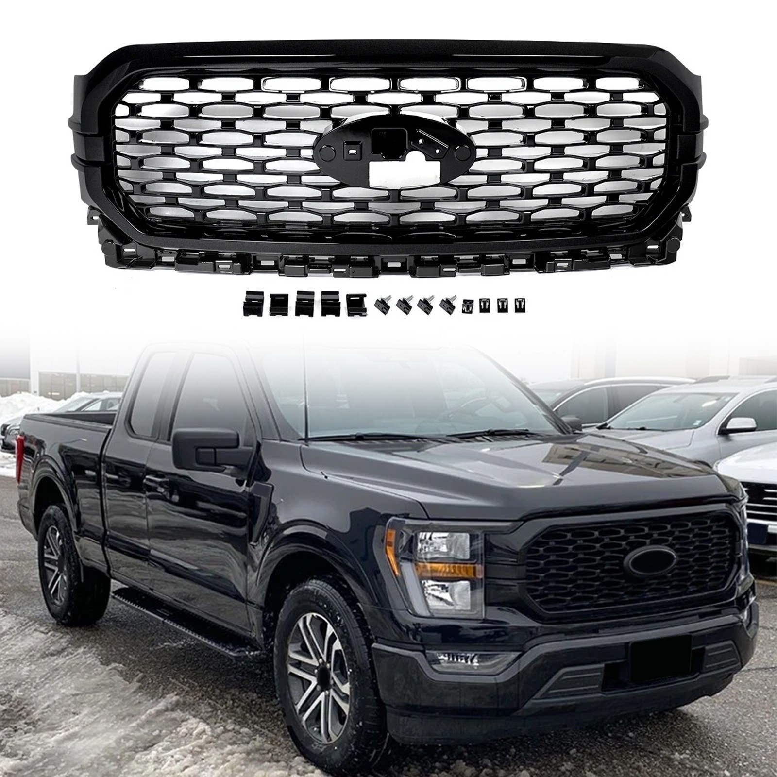 For 2021 2022 2023 Ford F150 F-150 XL XLT Front Bumper Grill Upper Grille Black