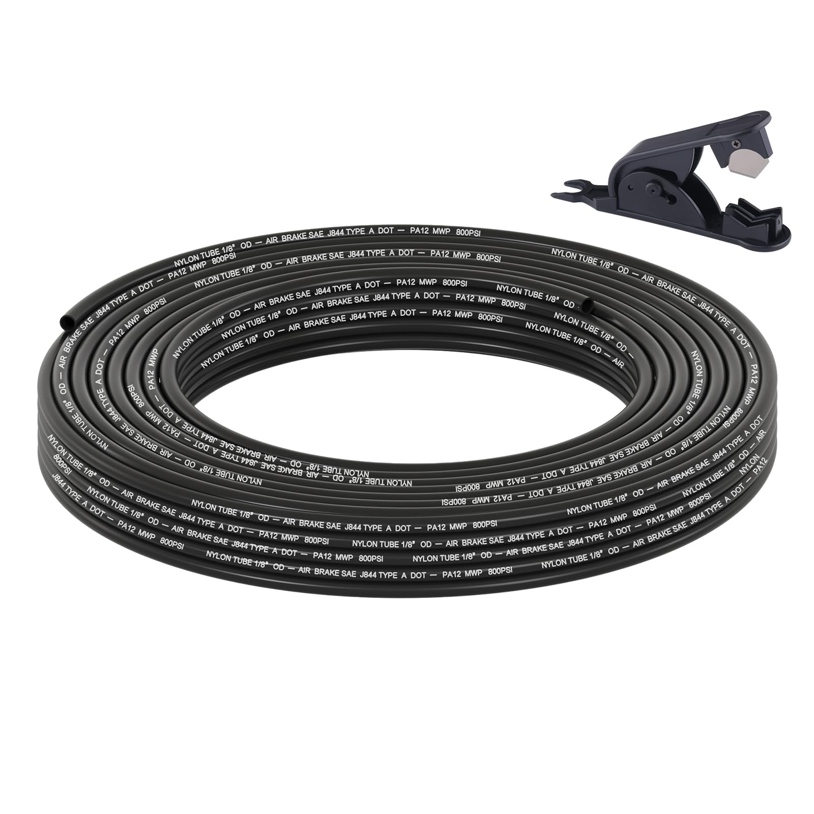 Boeray 35FT 1/8 DOT Air Line SAE J844 PA12 Nylon Hose 1/8" OD 35FT, Black
