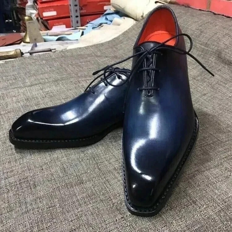 Handmade Blue Leather Oxford Lace Up Dress Shoe Custom Made Shoes All Size Stock