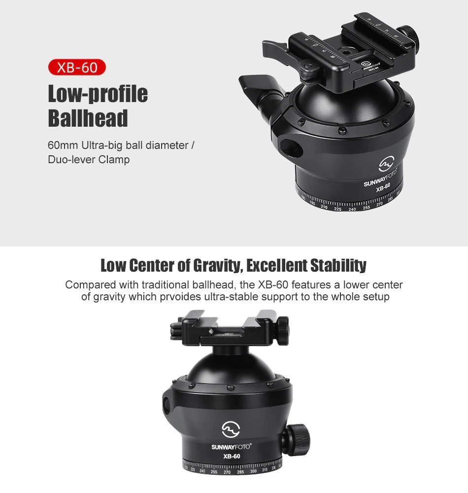 SUNWAYFOTO XB-60 60mm Low Profile Tripod Ball Head Picatinny / Arca Lever Clamp
