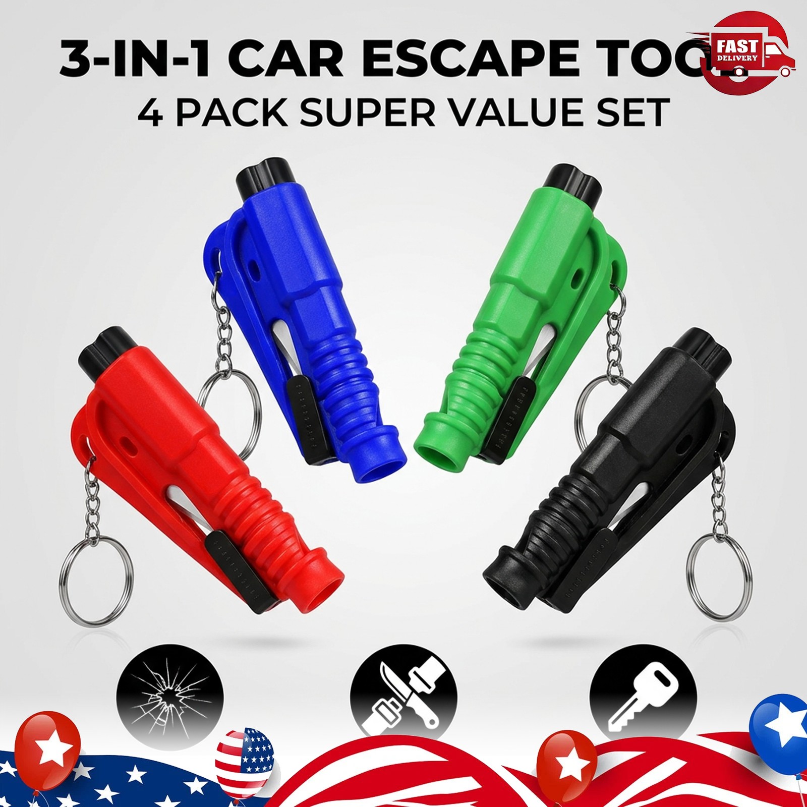 4Pcs Car Escape Tool Glass Break Window Breaker Punch Seat Belt Cutter Keychain