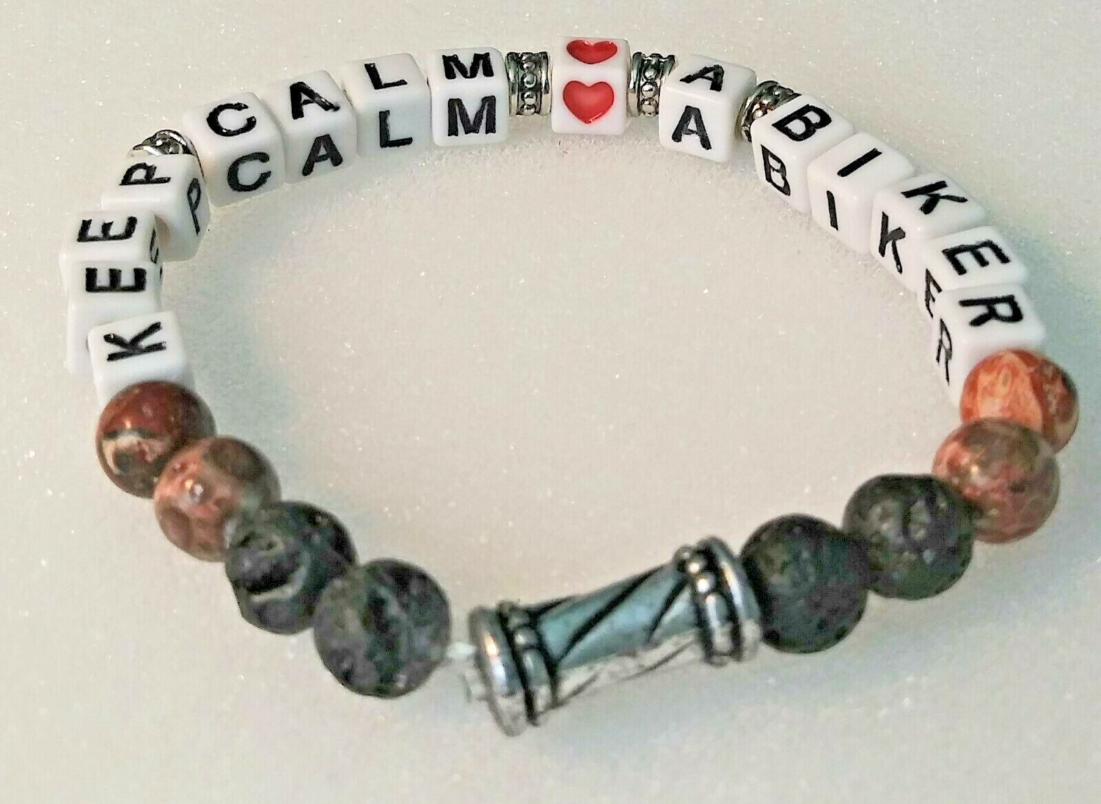 Biker Bracelet Keep Calm (haert) A Biker 7.5 inch Stretchy-One Of A Kind