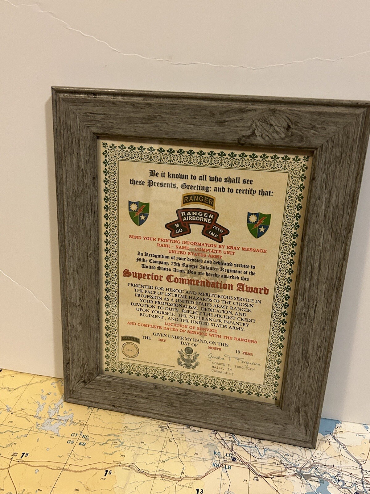 U.S. ARMY - 75TH RANGER / M CO - SUPERIOR COMMENDATION AWARD CERTIFICATE