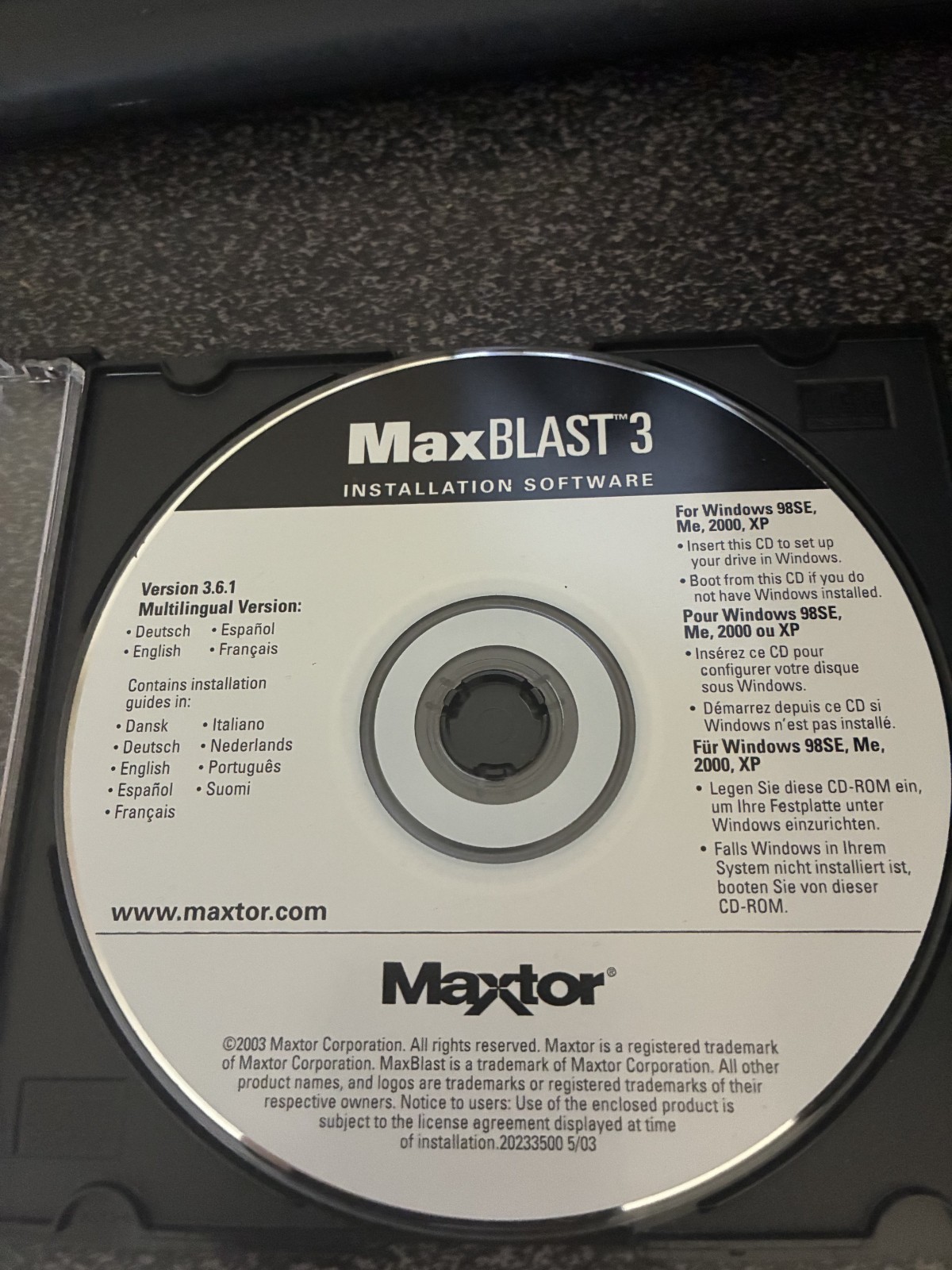 2003 MAXTOR MMAXBLAST 3 INSTALLATION SOFTWARE CD ROM VERSION 3.6.1
