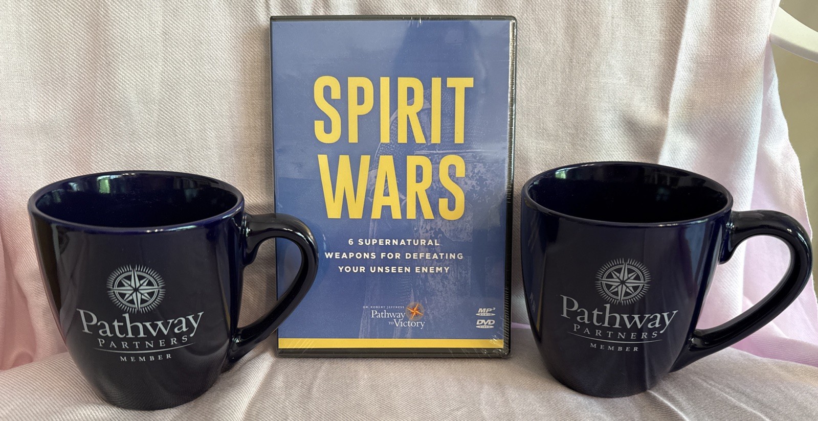 New Spirit Wars DVD Dr Jeffress PTV & 2 New Navy Blue PTV Partners Coffee Mugs