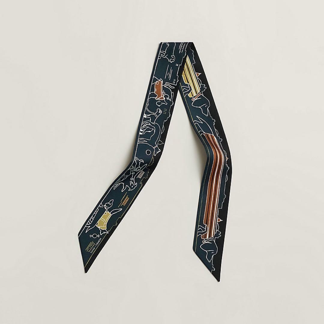 HERMES Twilly Scarf “Les Chiens Parisiens” Parisian Dogs Silk Authentic