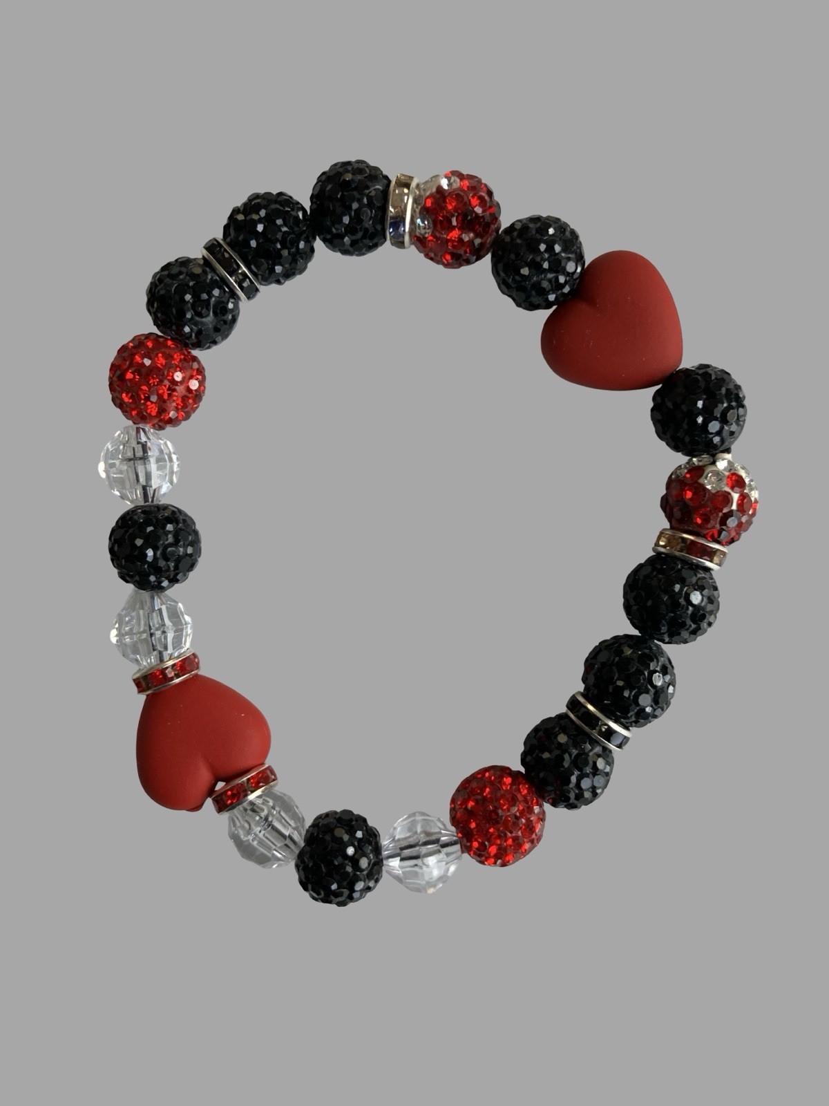 Red & Black Heart Bead Stretch Bracelet Women's Fashion Jewelry Handcrafted New