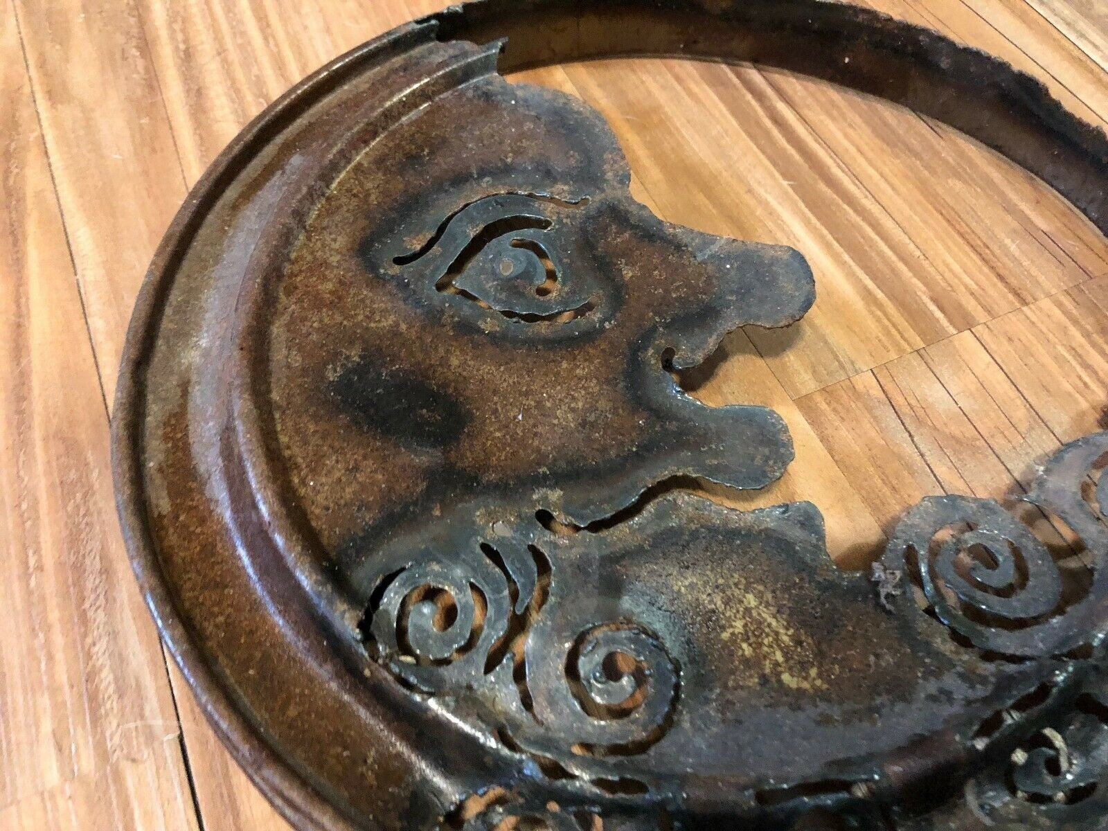 Vintage metal cut out Folk Art Man in the Moon Rusty Metal Lid