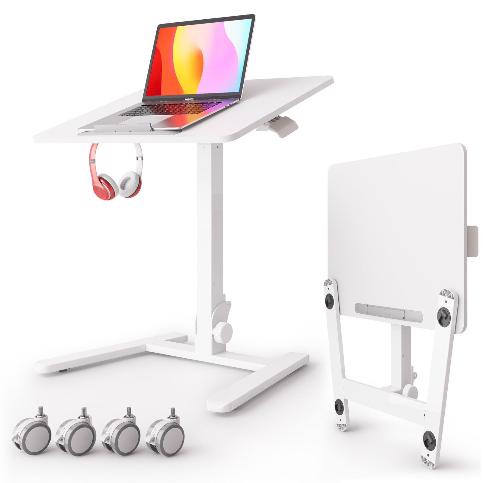 Monomi 25“ Mobile Folding Desk,Pneumatic Sit-Stand Table,No Assembly,White