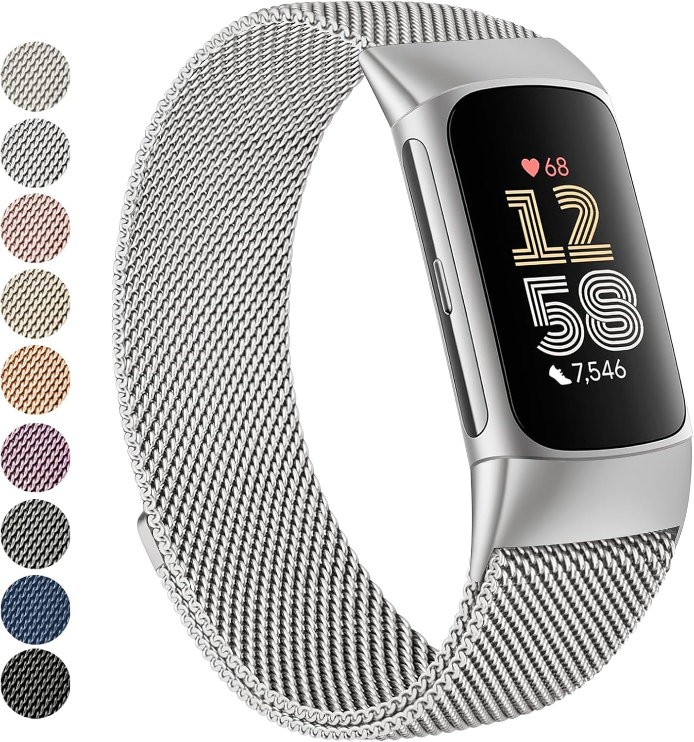 Vanjua for Fitbit Charge 6 Bands Women Men, Stainless Steel Metal Mesh Loop Adju