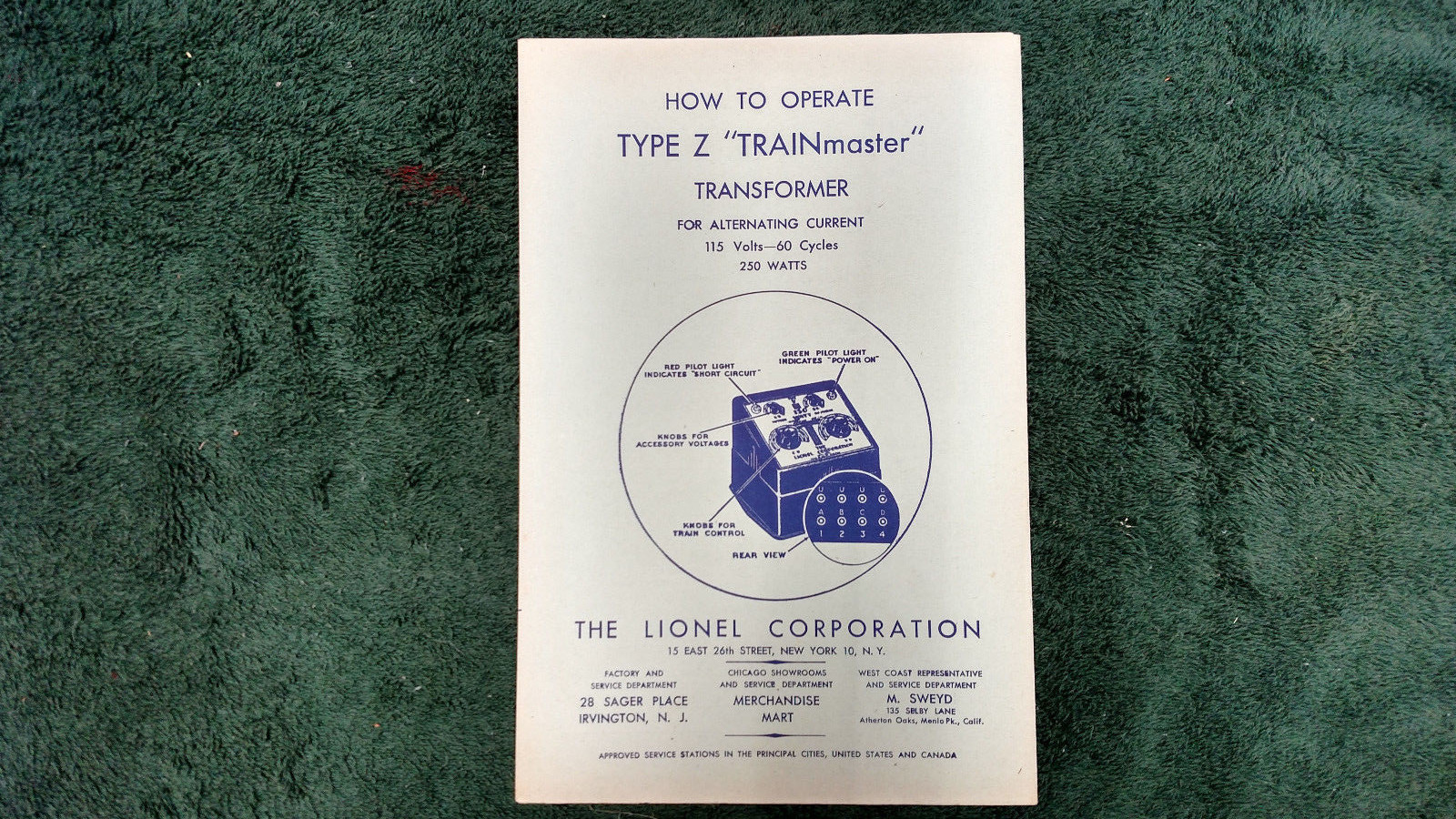 LIONEL TYPE Z TRANSFORMER TRAINMASTER 250 WATTS INSTRUCTIONS PHOTOCOPY