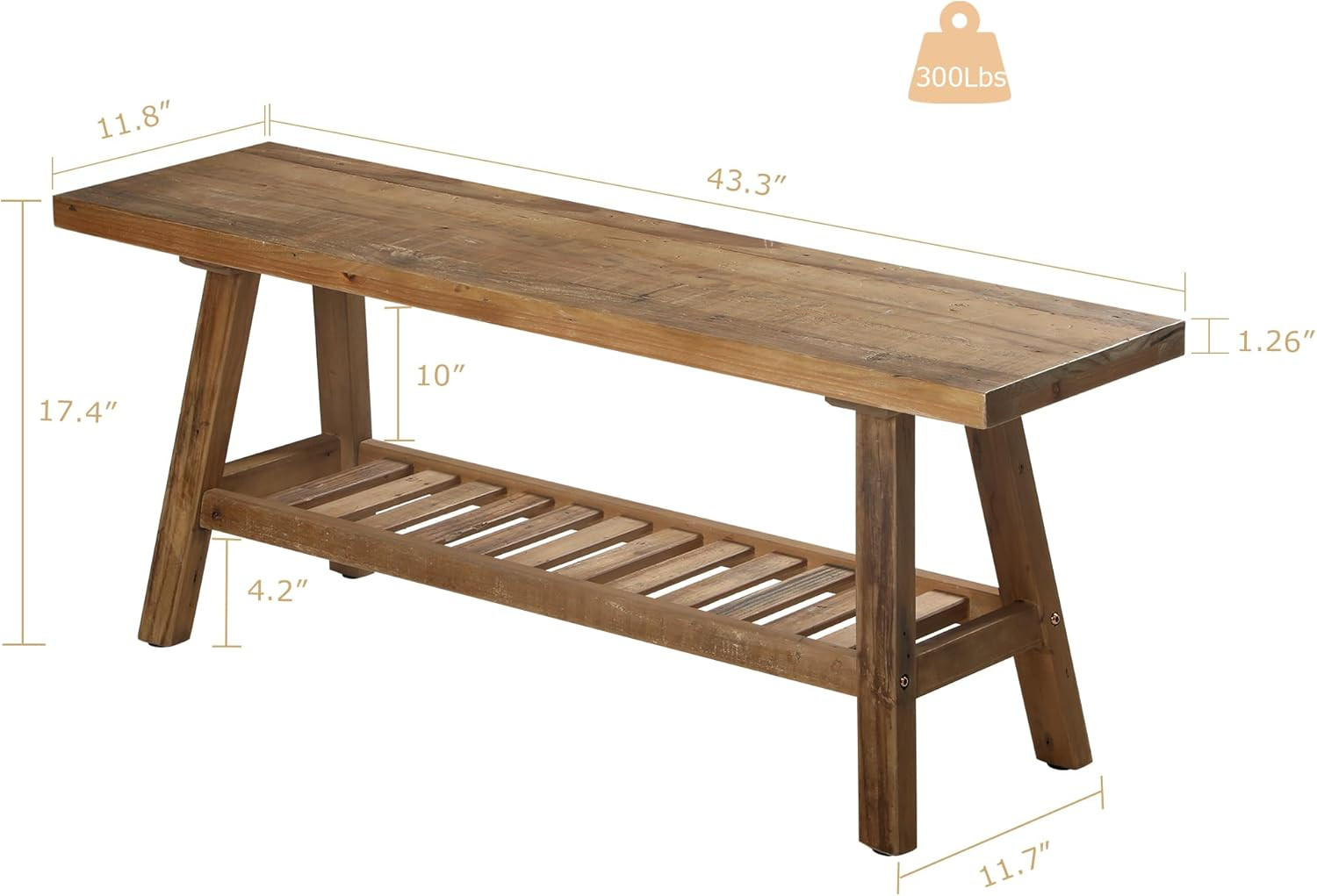 Reclaimed Solid Wood Bench-43.3" Farmhouse Entryway Bench with Storage Shelf, Na
