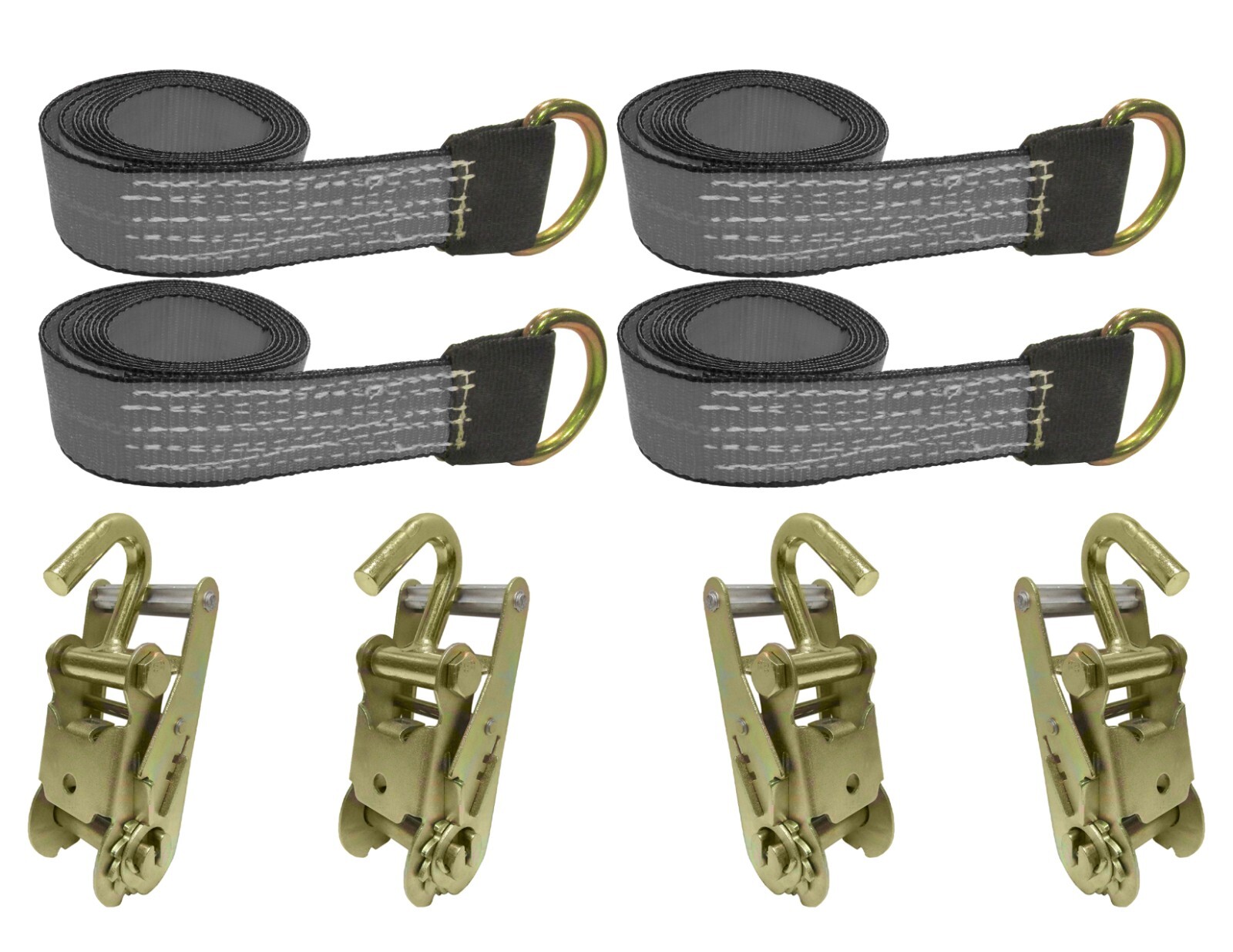 Set of 4 Heavy Duty 2"x8' Lasso Straps with Ratchet Handles for Trailers