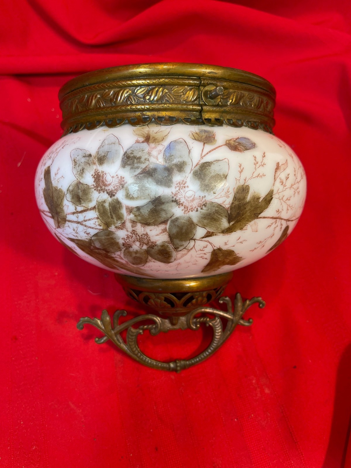 Antique Porcelain Brass Hanging Oil Lamp Font Holder Hand Painted Floral Design