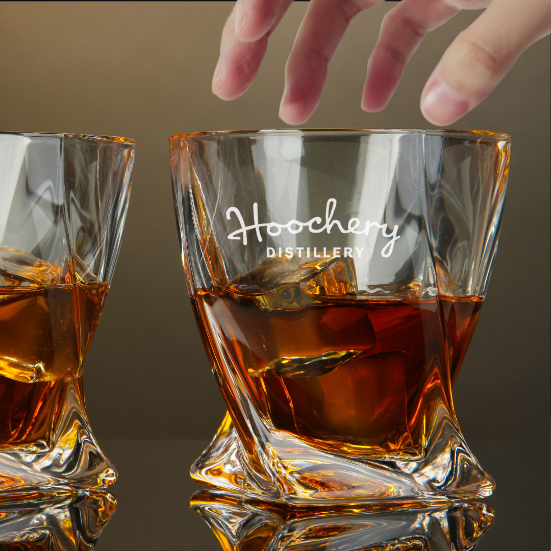 Custom Engraved Hoochery Distillery Whiskey Glass – 10 oz Twisted Rocks Glass