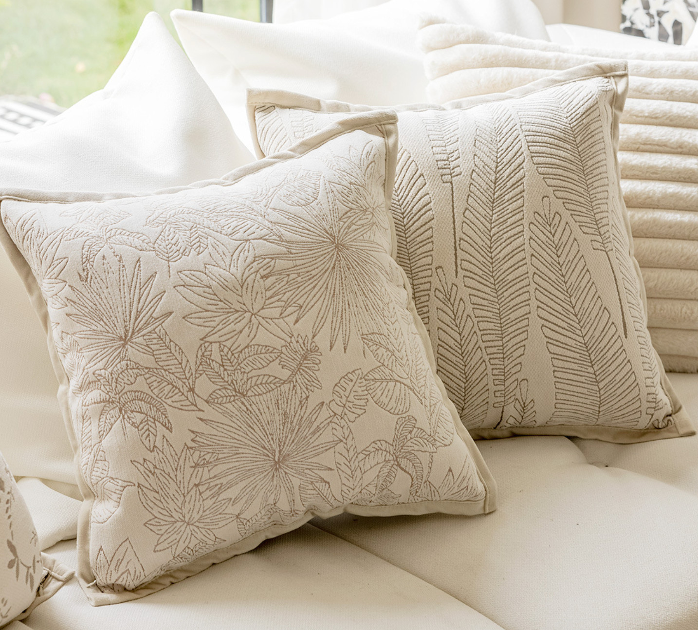 Nordic Jacquard Leaf Cushion Cover Cream Soft Textured Sofa Pillow Decor