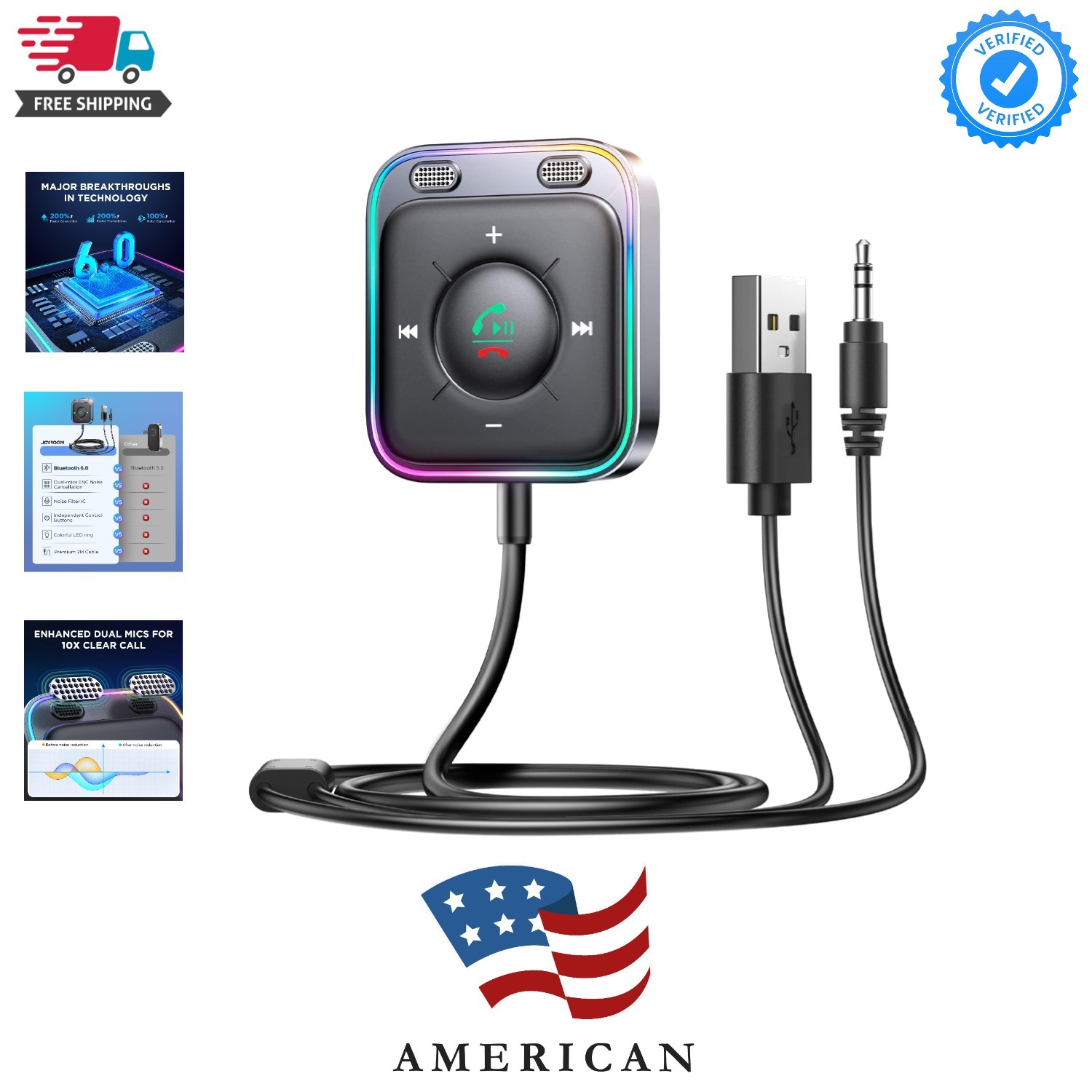 Bluetooth 6.0 AUX Car Adapter, Dual Mics Noise Cancellation, Plug-and-Play, M...