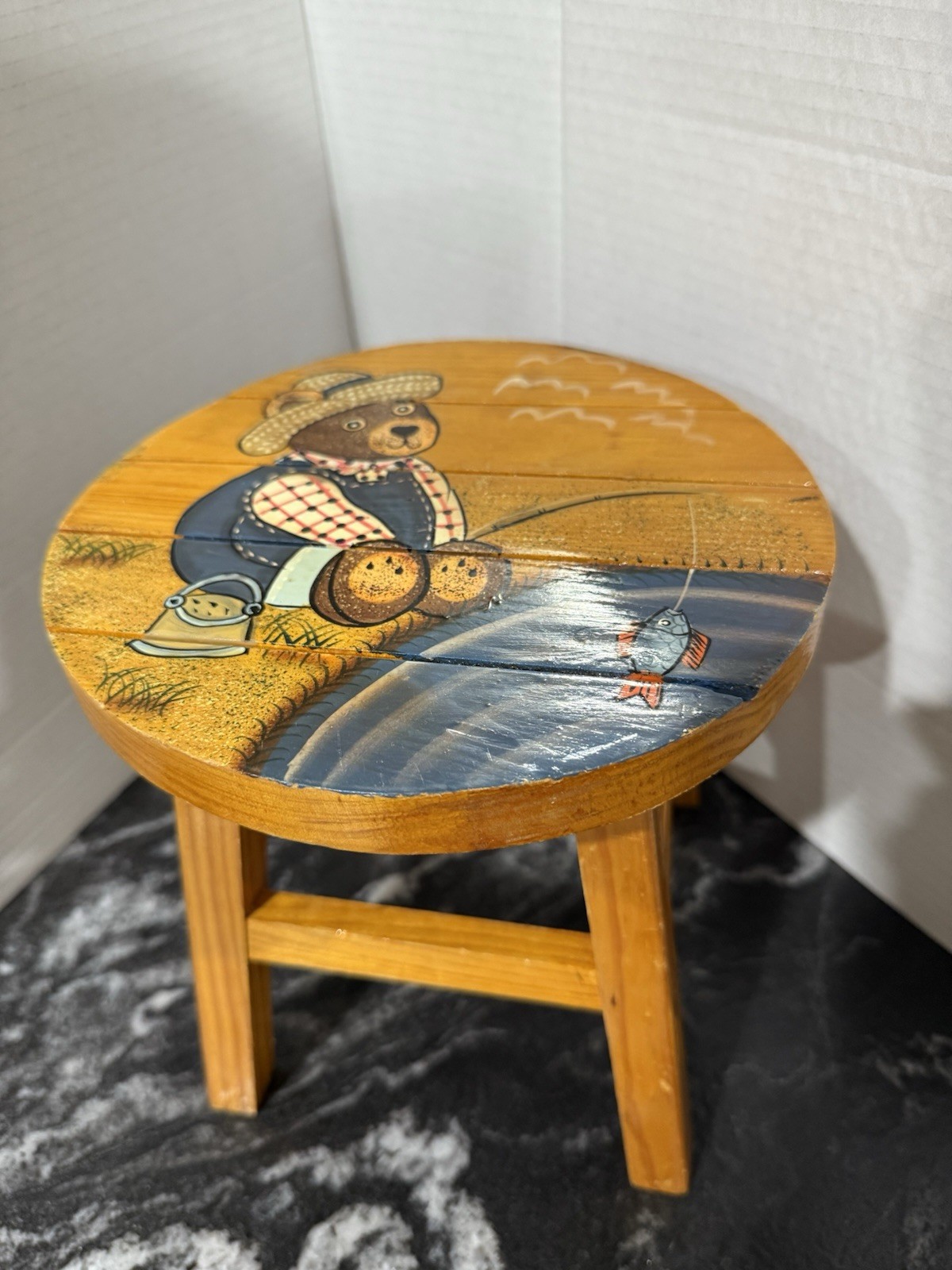Wooden Foot Stool Children Hand Painted Bear Fishing