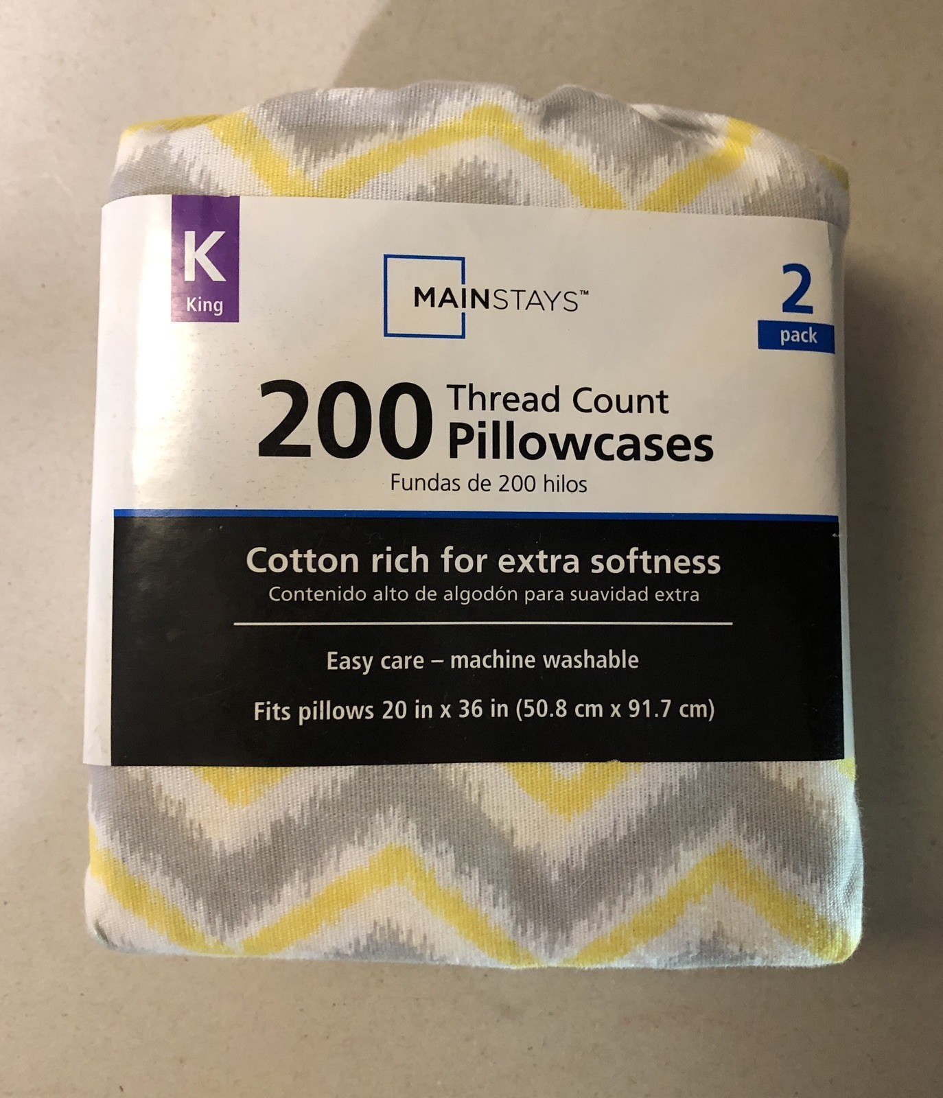 Mainstays 200 Thread Count King Pillowcases 2-pack Yellow & Gray Chevron•NIP