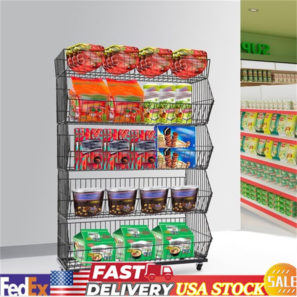 5-Tier Retail Display Rack with Wheels - Stylish Storage for Fruits & Snacks