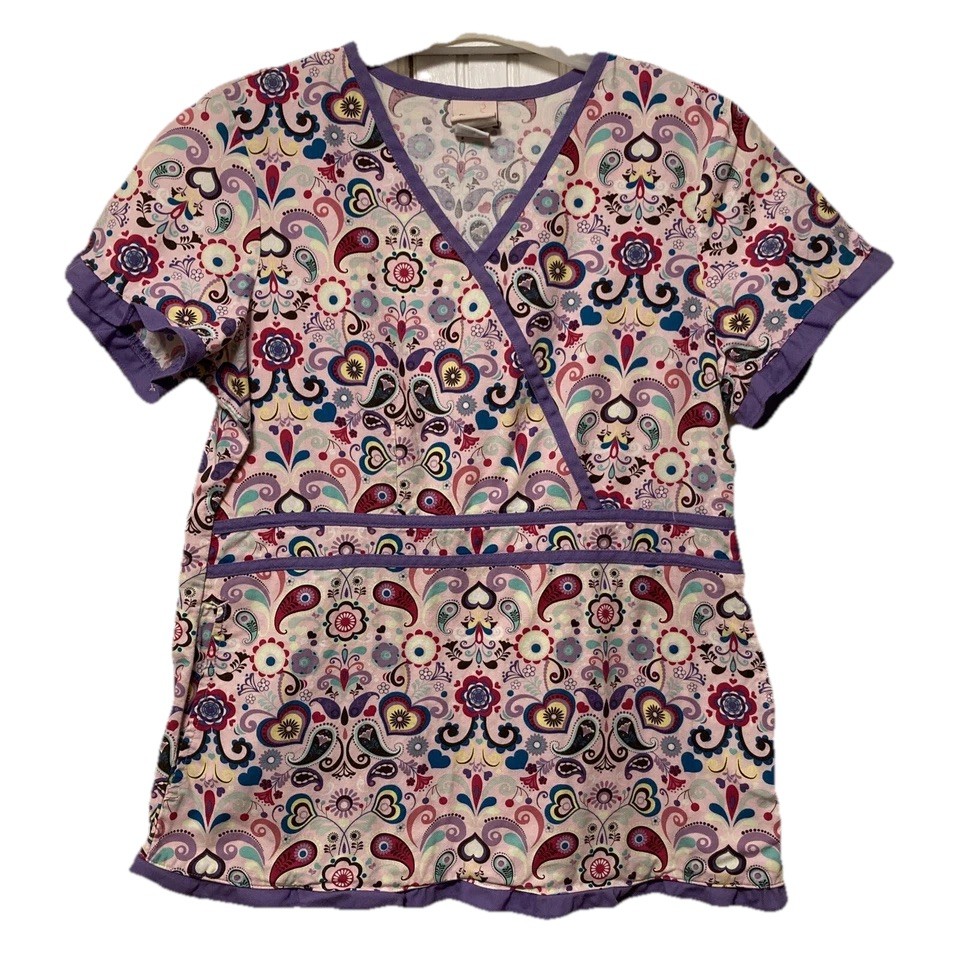 Barco Juniors Paisley Hearts Floral Pink Multicolor Scrub Top Ruffled Trim Sz S