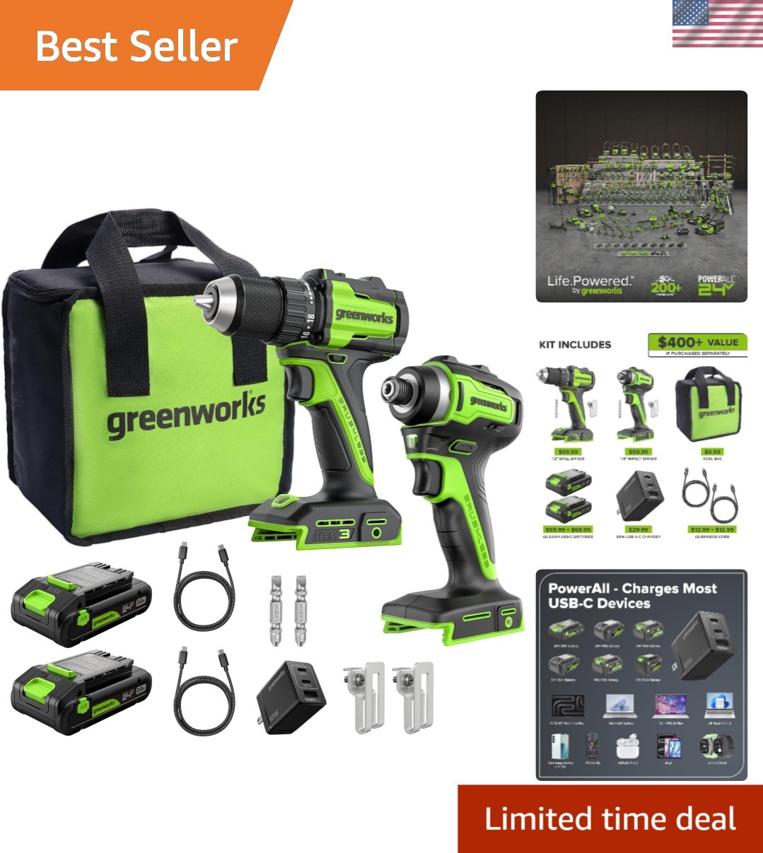 24V Cordless Drill/Driver & Impact Driver Combo - 400 in-lbs & 1950 in-lbs Power