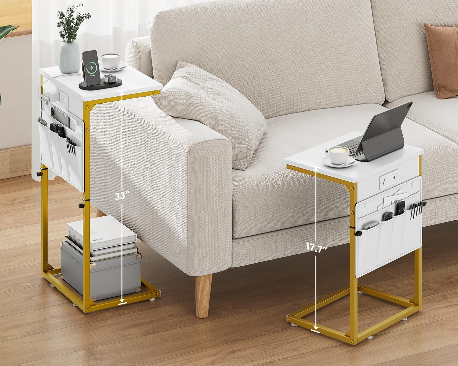 C Shaped End Table W/ Charging Station Adjustable Height Couch Sofa Side Table