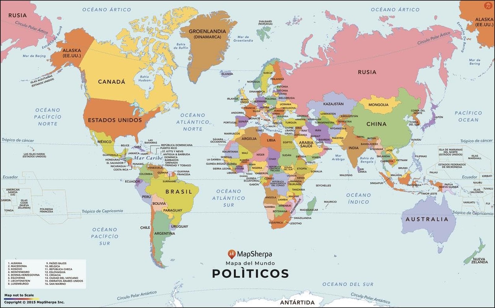 World Map with Countries in Spanish - Compact - 26 x 16 inch Poster - Front L...