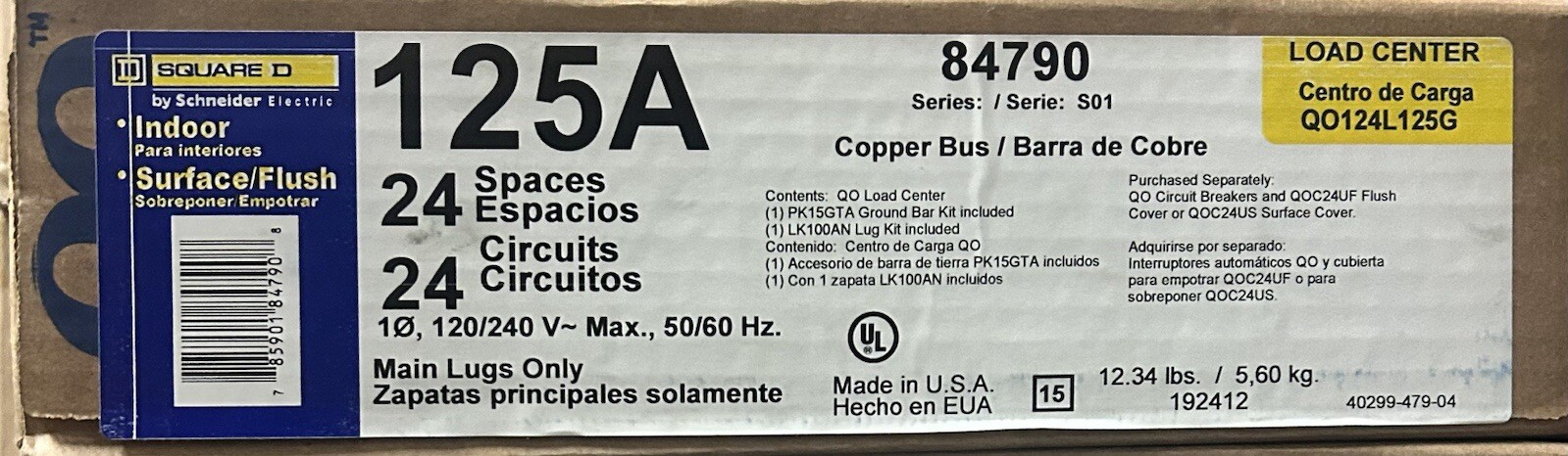 NEW SQUARE D QO124L125G 1PHASE 125A 24 CIRCUIT BREAKER LOAD CENTER BEST PRICE