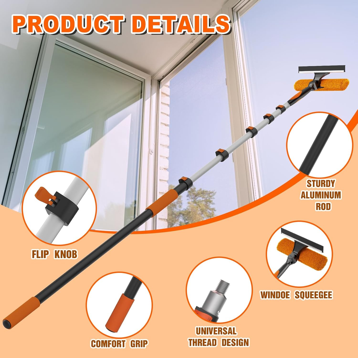 30FT Reach 2-in-1 Window Squeegee, Professional Window Washing Kit with 5-24FT E