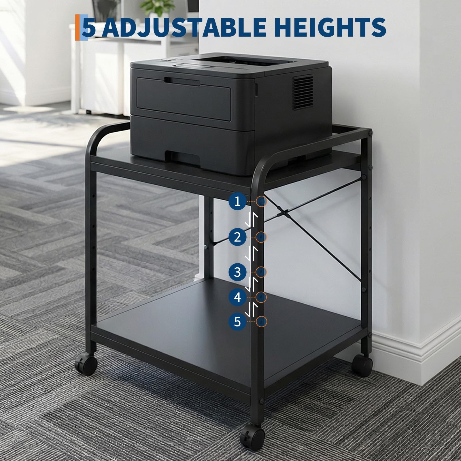 2 Tier Under Desk Printer Stand with Storage, 20" Deep Printer Table with Wheels