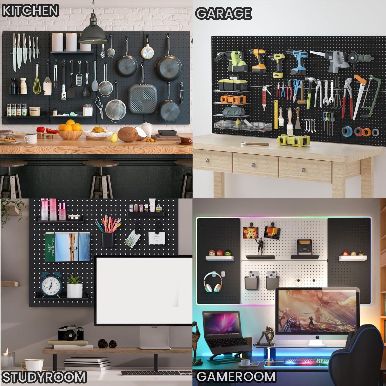 Peg Board Wall Organizer Panels - 8Pcs Black ABS Pegboard Wall Mount for Home...