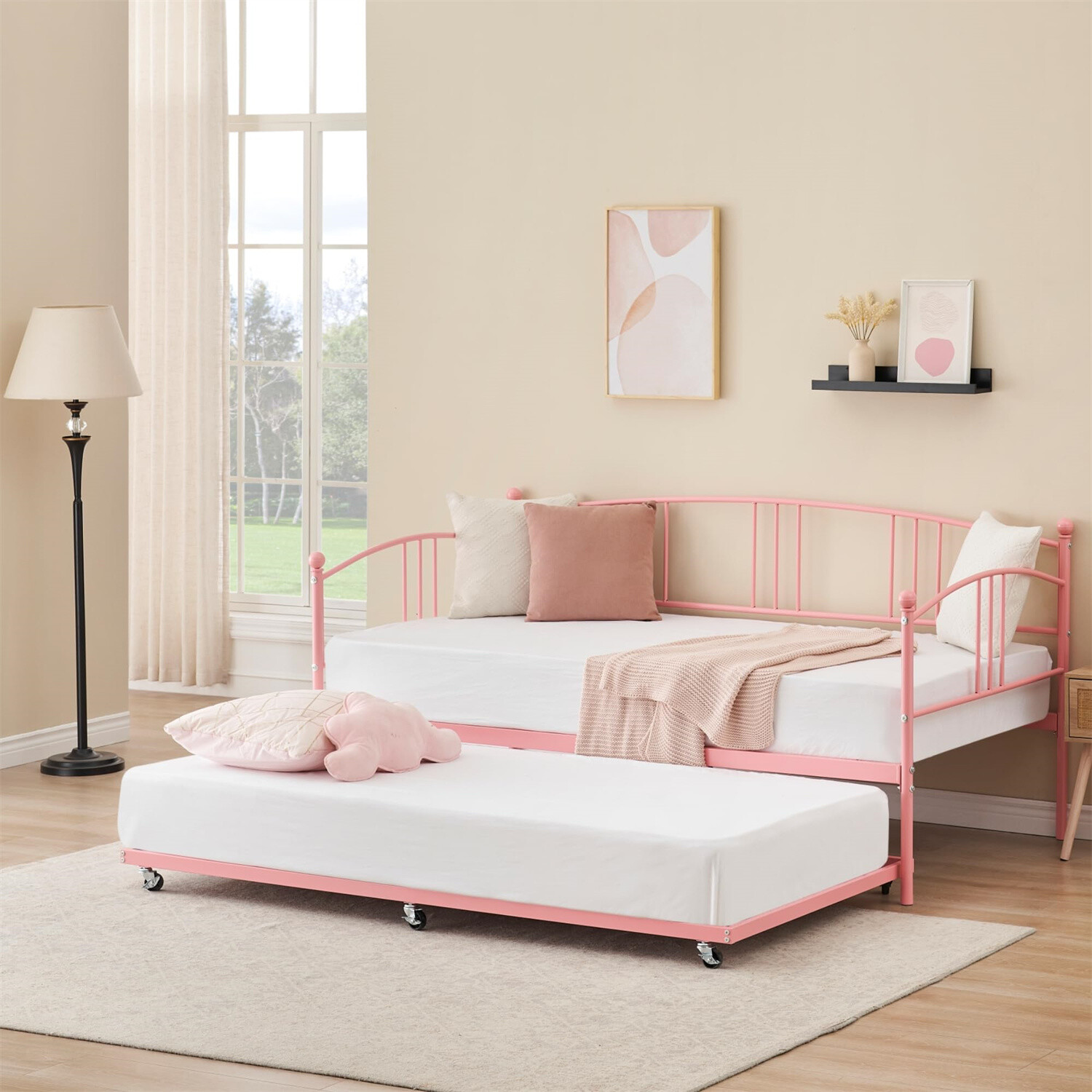 Metal Daybed with Trundle Daybed Frame with Headboard and 6 Casters Guest Sofa