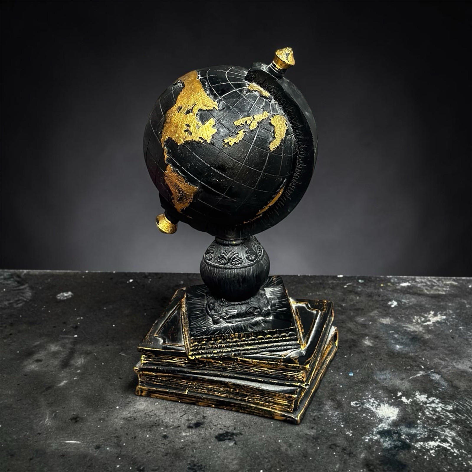 Black Gold World Globe Decor Statue Vintage Map Desk Shelf Home Office Accent
