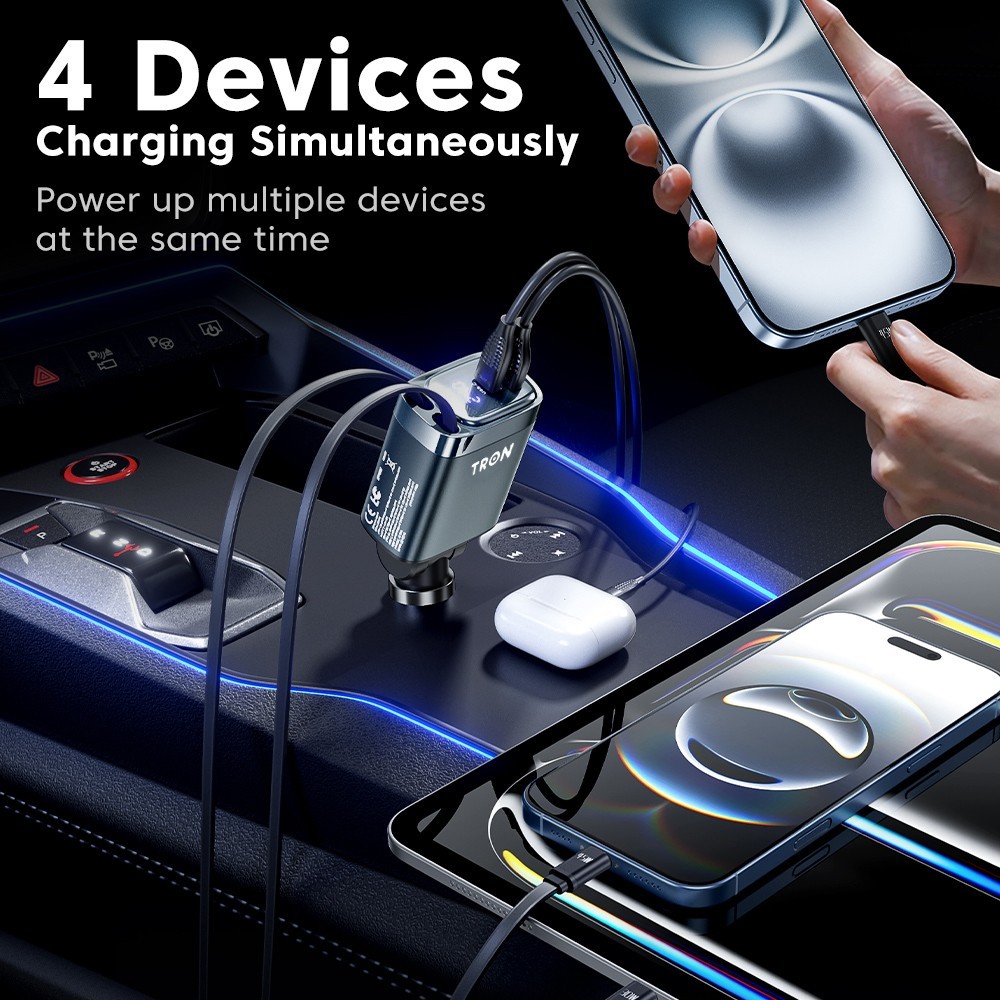 TRON 105W 4-in-1 Retractable Car Charger with LCD Display for iPhone & Android