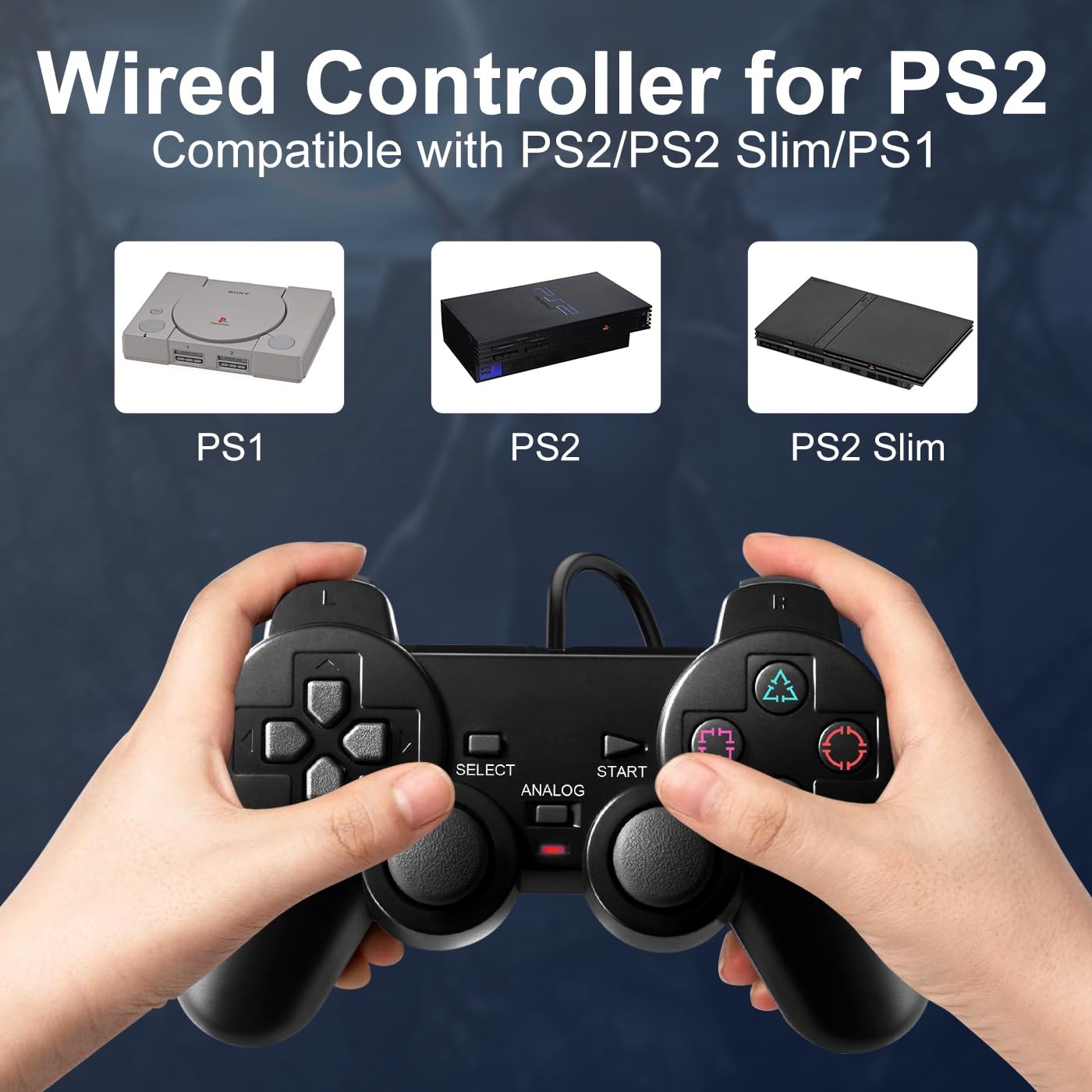 Wired PS2 Controller 2 Pack for PS2, PS2 Slim, PS1 with Dual Vibration Feature