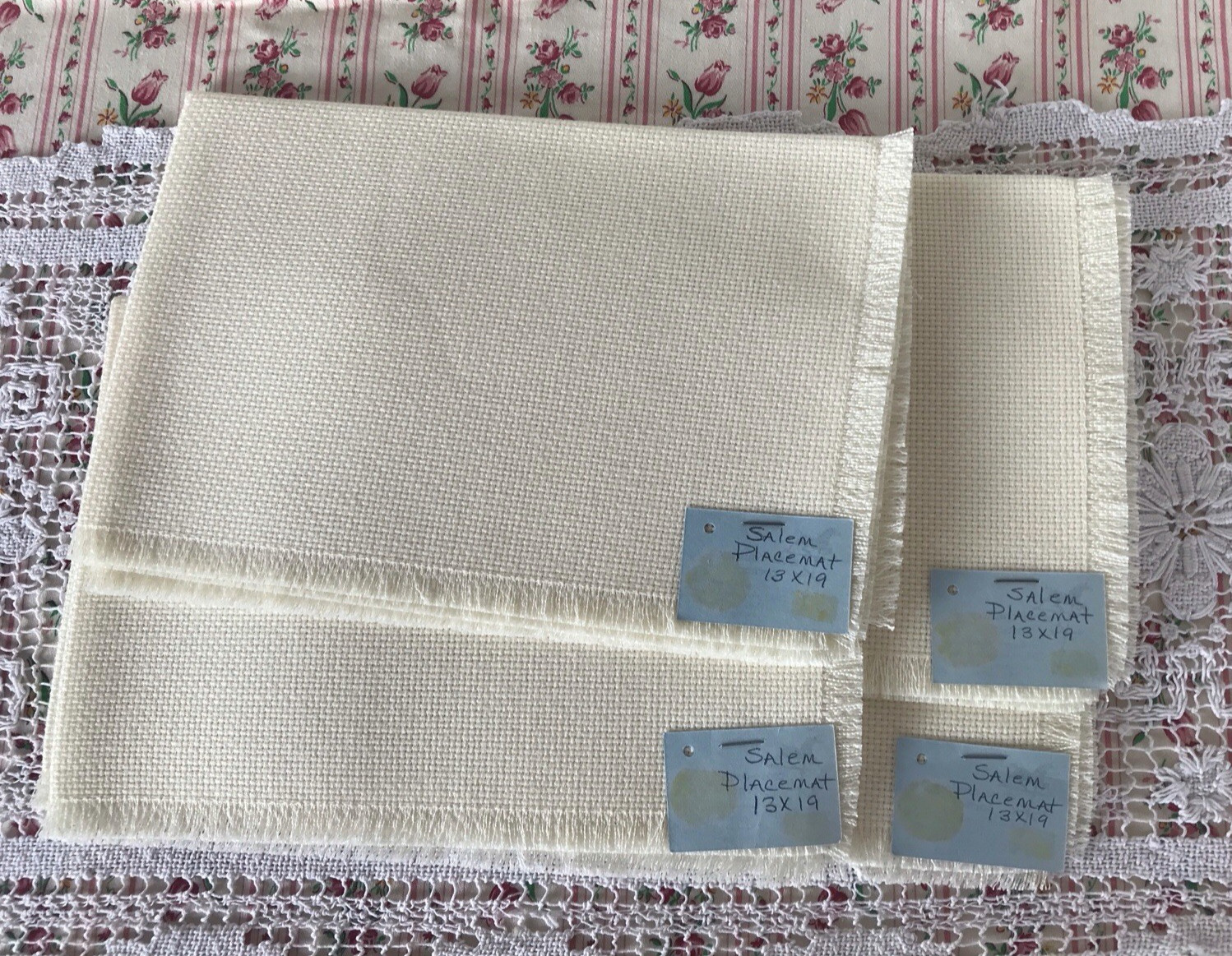 Lot Cross Stitch Fabric Unused Table Linens Placemats Bread Covers Bell Pull
